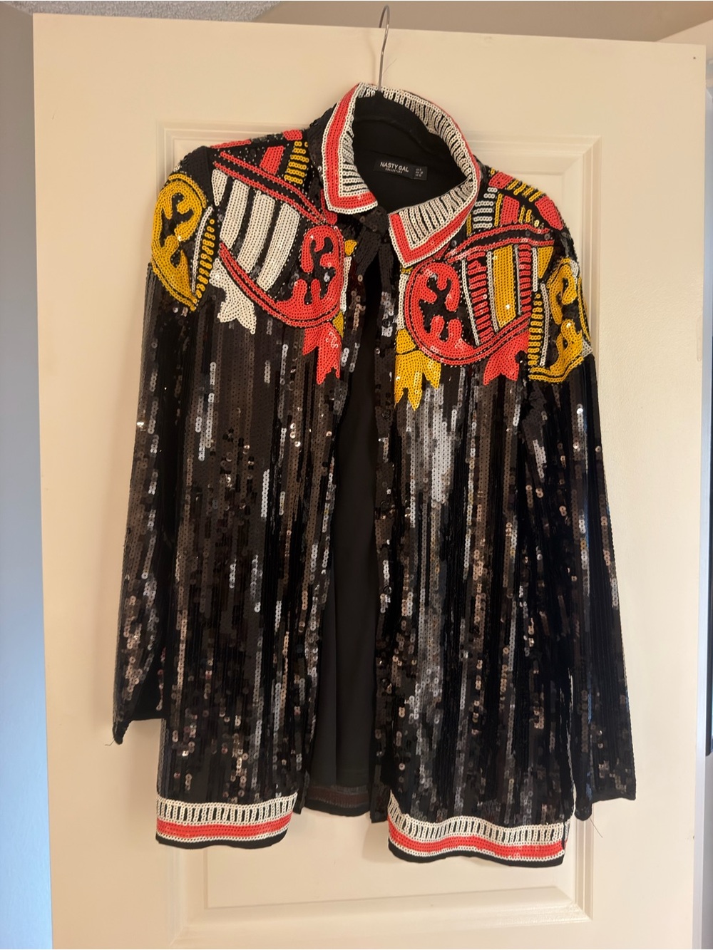 Nasty Gal Black Sequin Bomber Jacket with Red Yellow and White Embroidery